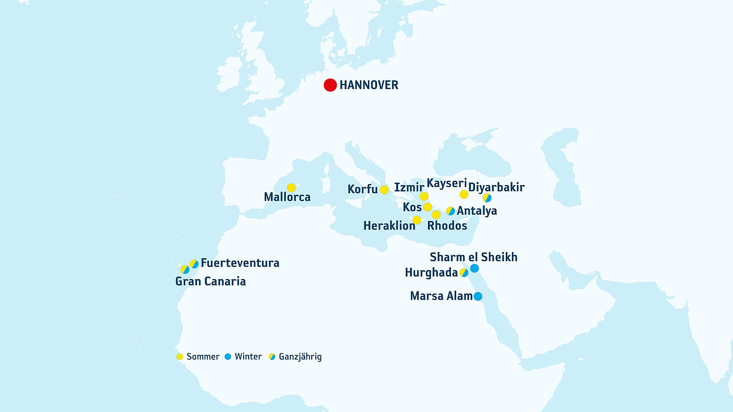 Landkarte mit Zielen, die direkt durch Corendon Airlines von Hannover angeflogen werden.