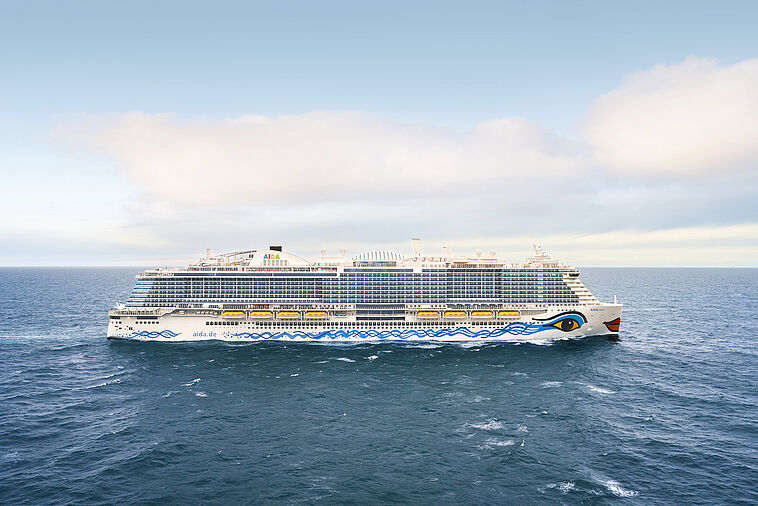 Blick auf das Kreuzfahrtschiff AIDAcosma auf See